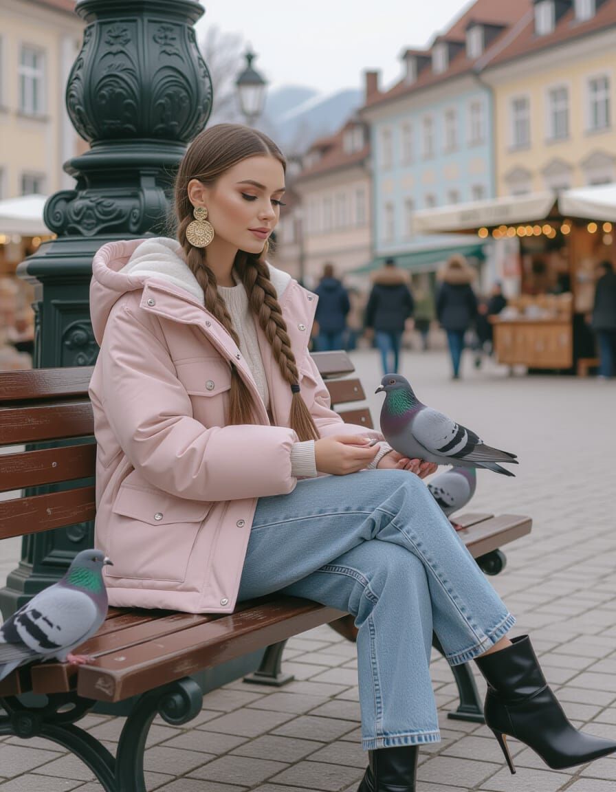 Woman Feeding Pigeons on Bench in Town Square
