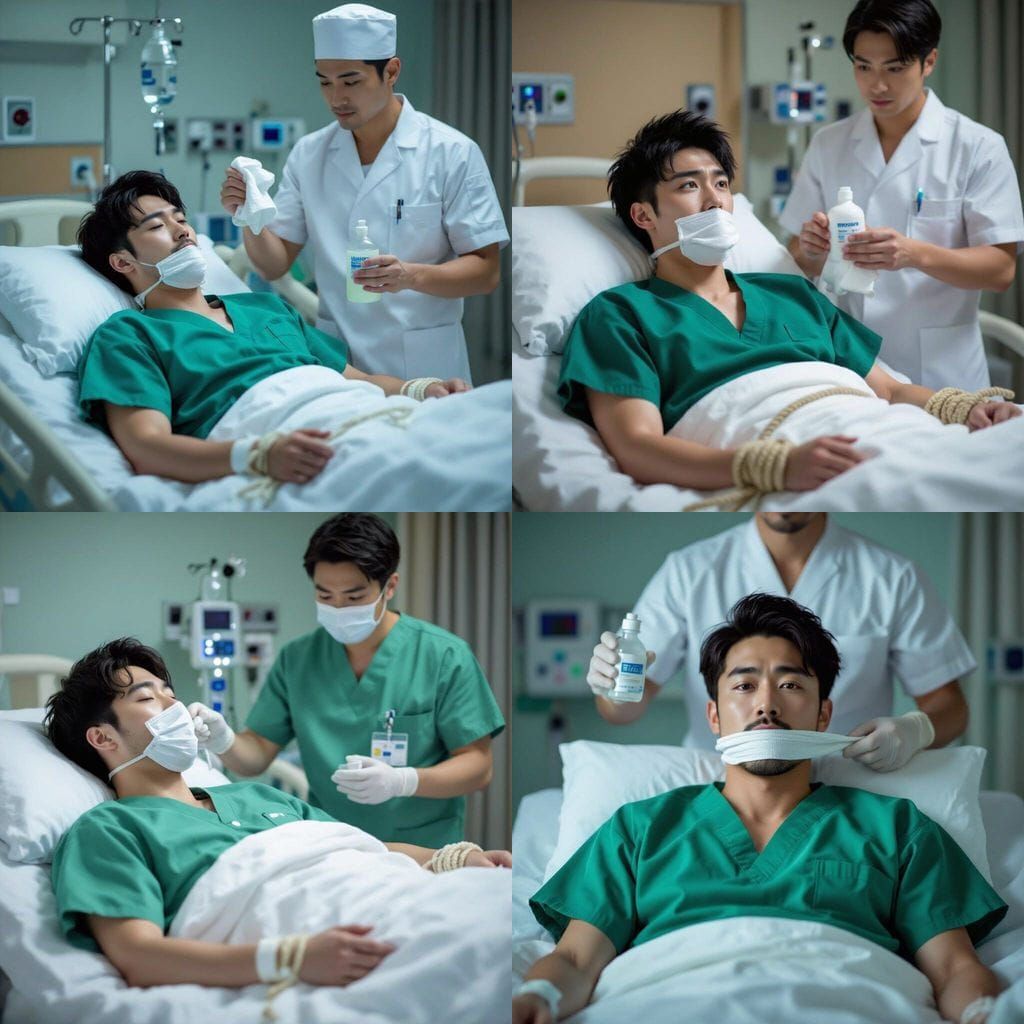 Handsome Man Restrained on Hospital Bed with Nurse