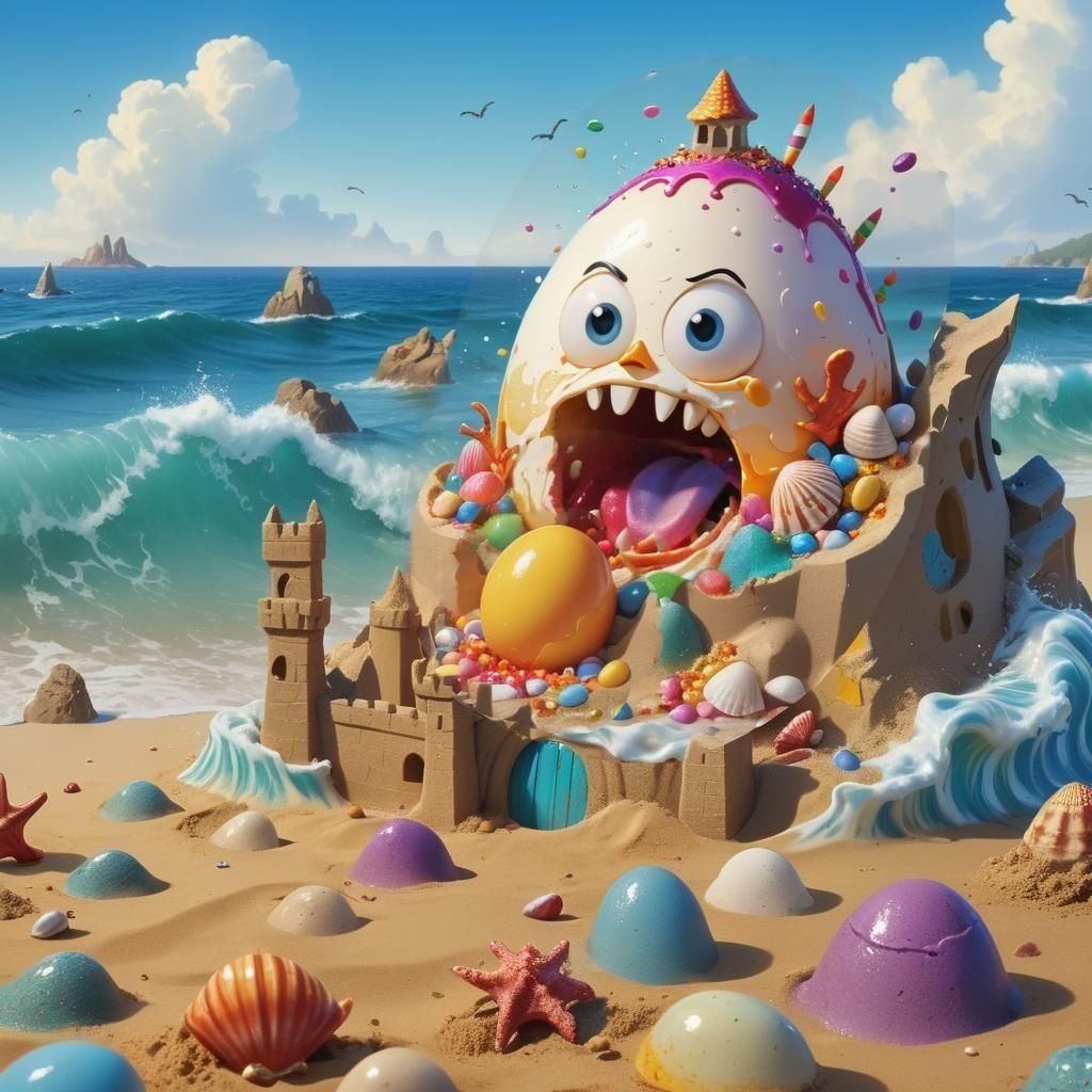 Angry Egg Sandcastle Destruction: 3D Digital Art