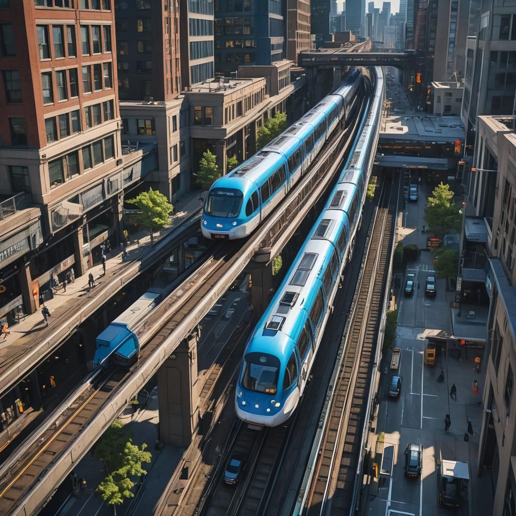 Blue Monorail Departs Westlake Station for Space Needle