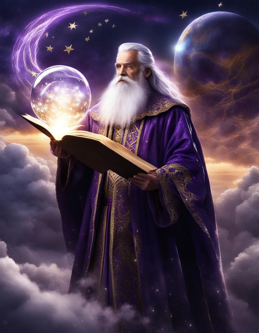Epic Wizard with Book in Dramatic Sky