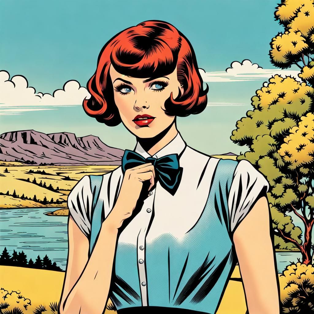 Retro Comic Book Woman with Landscape View