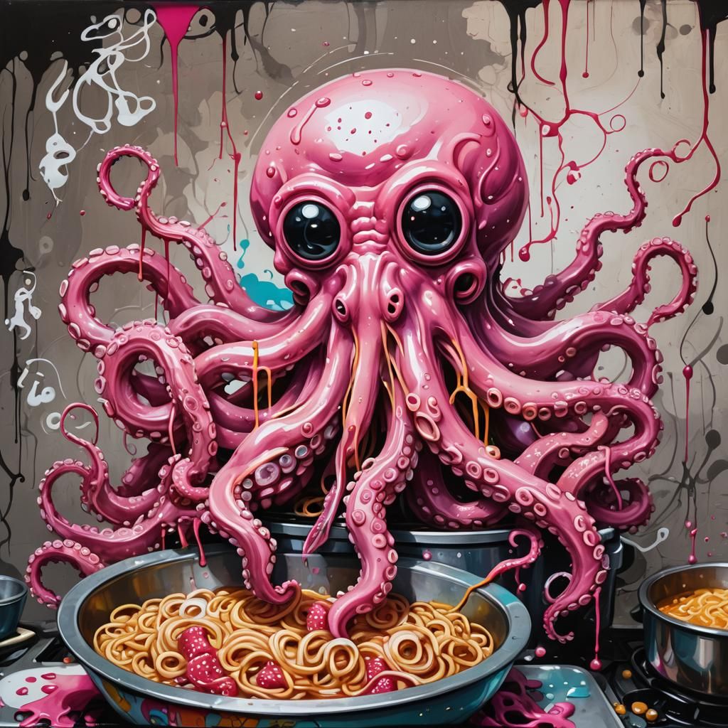Pink Octopus Eats Noodles in Graffiti Art Style