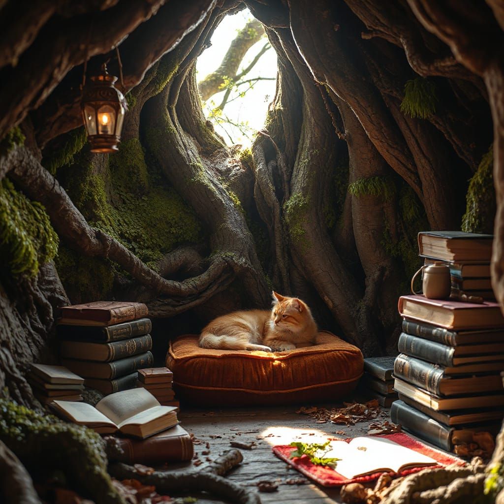 Cozy Reading Nook in Ancient Tree Hollow