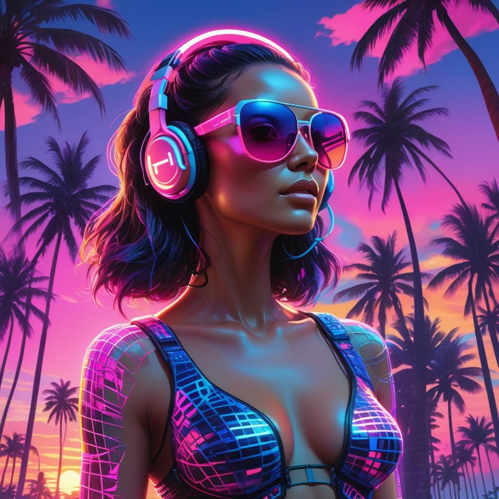 Woman with Neon Grid in Retro Sunset
