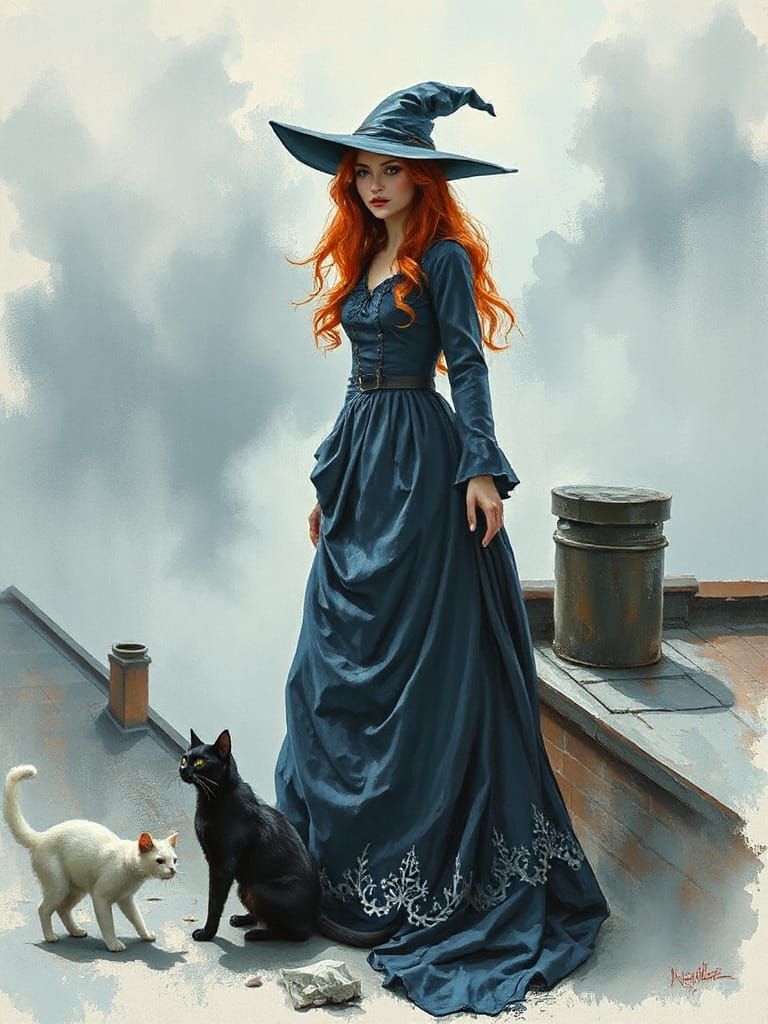 Mystical Red-Haired Witch on Rooftop with Cats