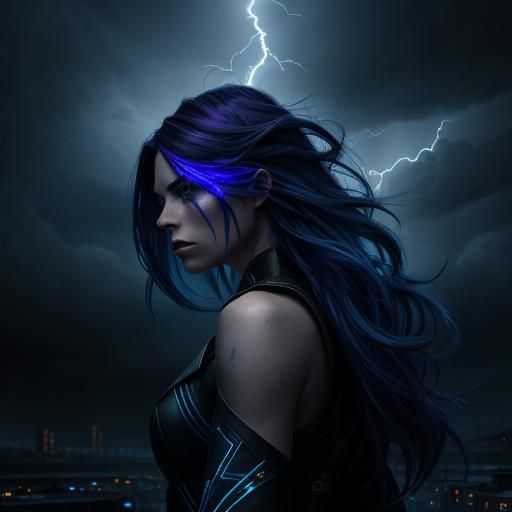 Lightning Girl with Electric Powers in Dark City