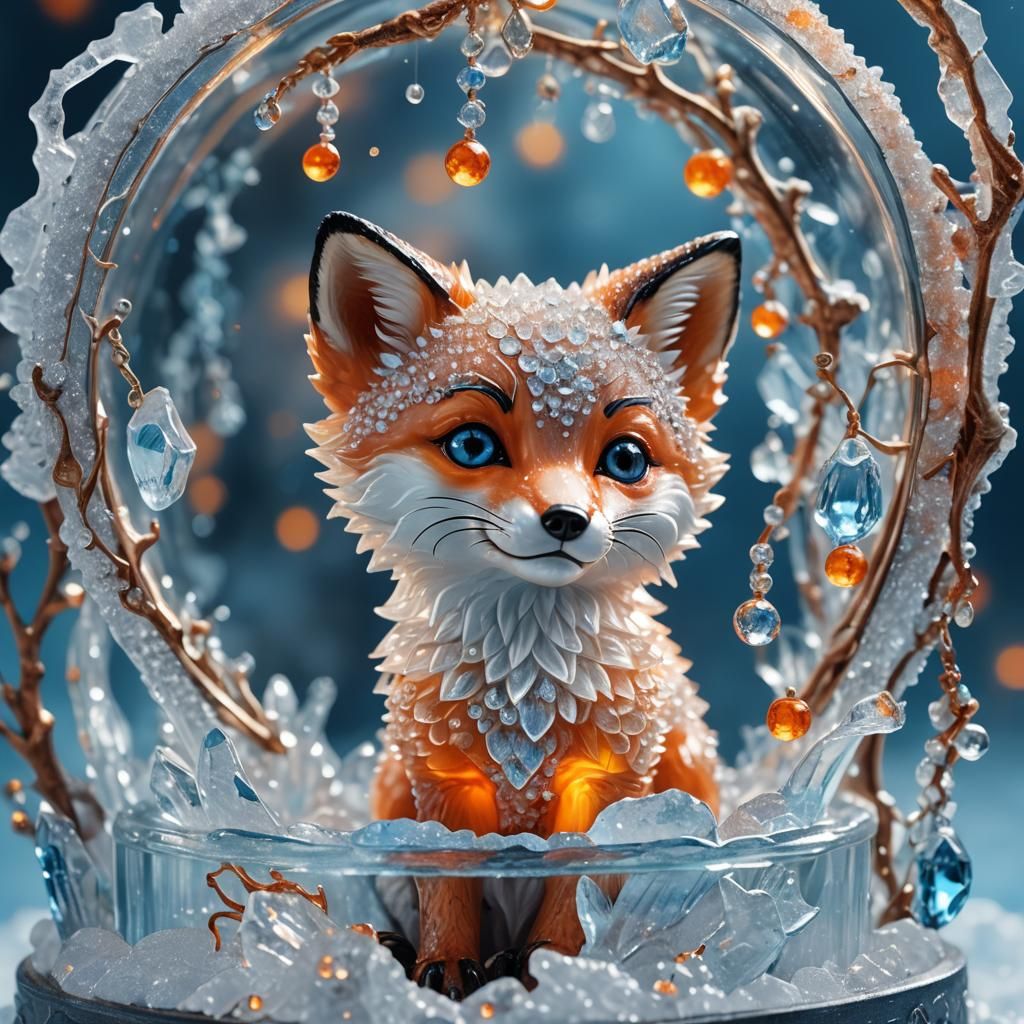 Icy Baby Fox in Glass Jewelry Box: Fantasy Art