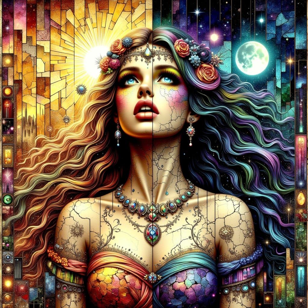 mosaic  of a greek woman looiking up at the sky. left side b...