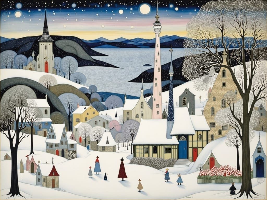 Ethereal Winter Scene in Opulent Art Nouveau Style