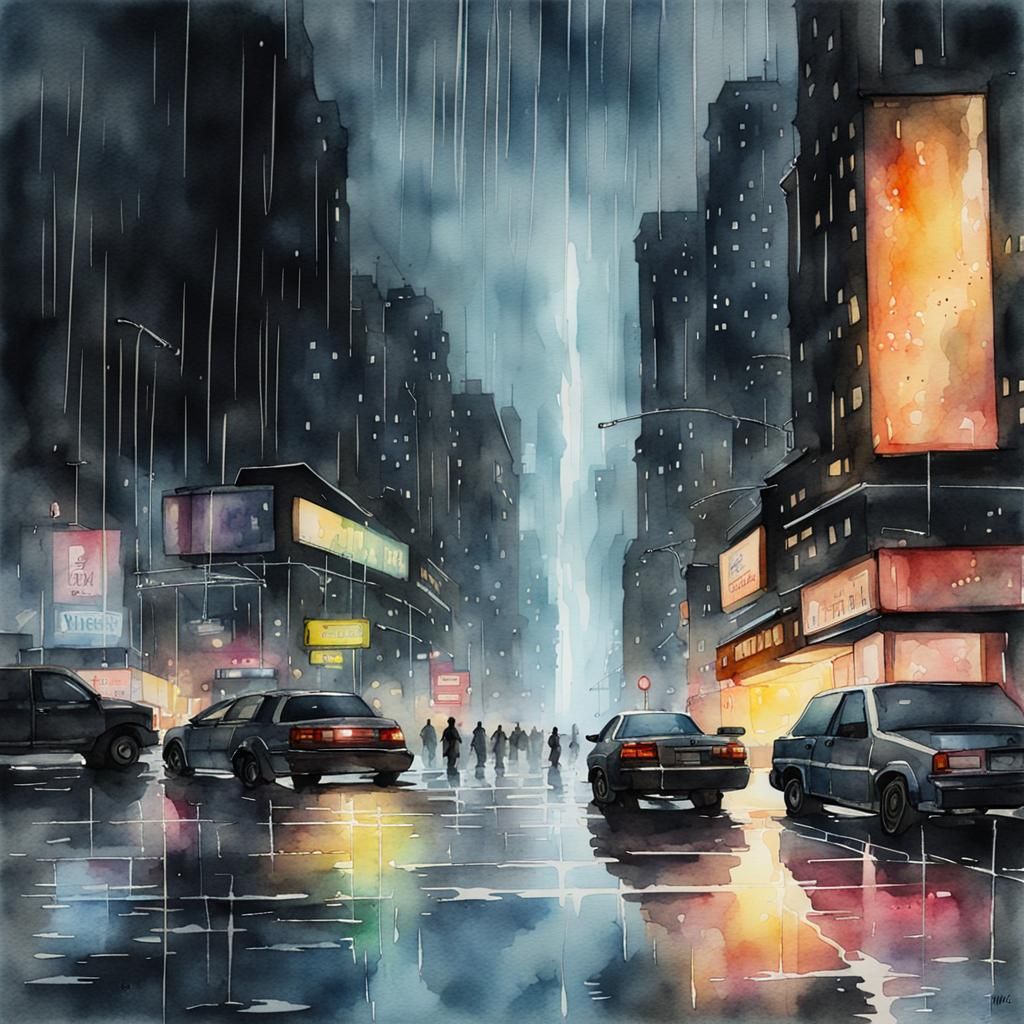 Cyberpunk Fountain in Rainy Watercolor Cityscape