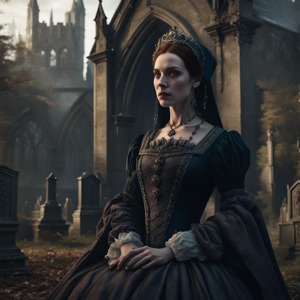 Gothic Anne Boleyn in Graveyard: Detailed Matte Painting