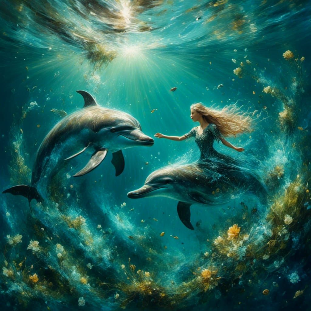 Dolphins Playing in Aqua Ocean: Hyperrealistic Digital Art