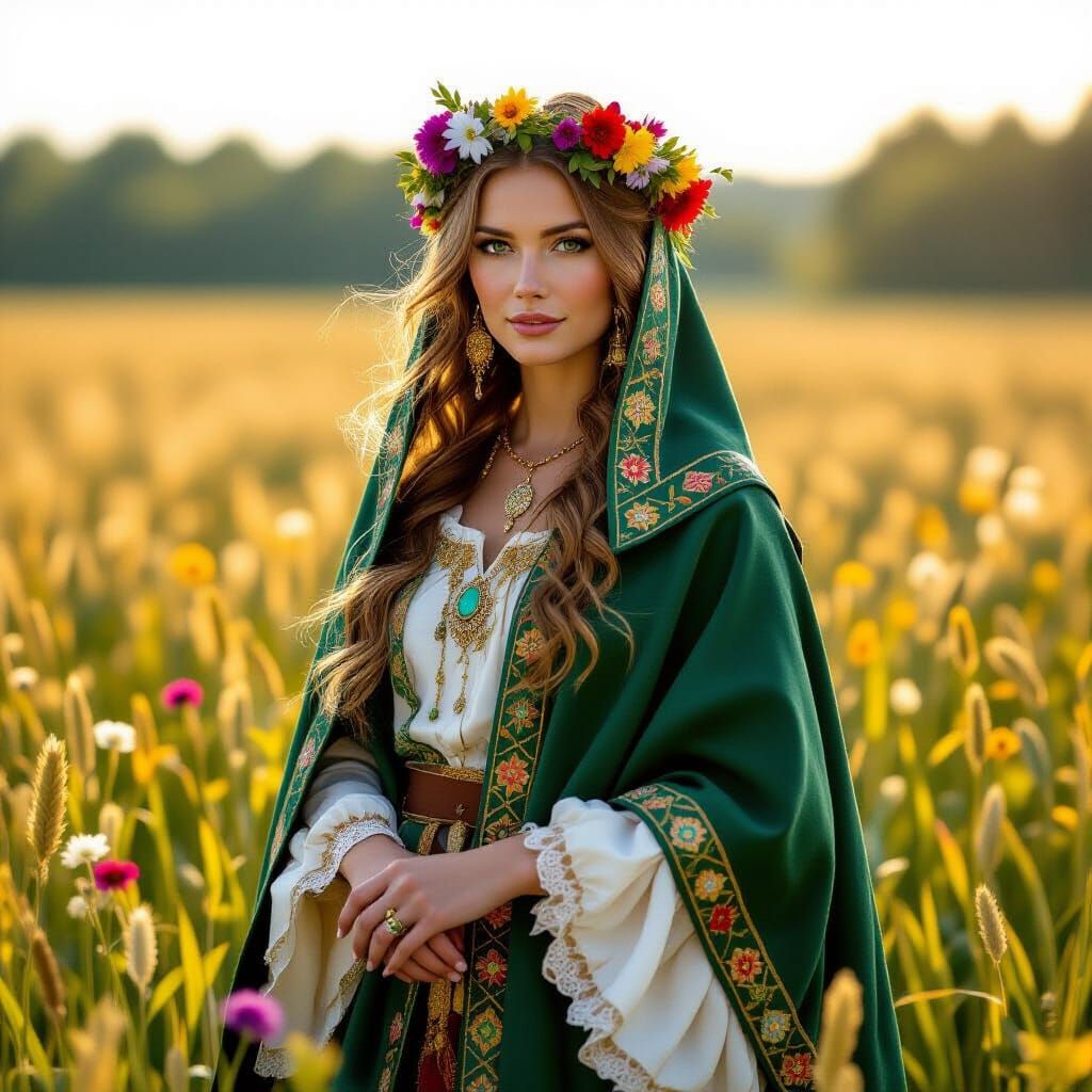 Celtic Woman in Sunlit Field, Inspired by Fantasy Art