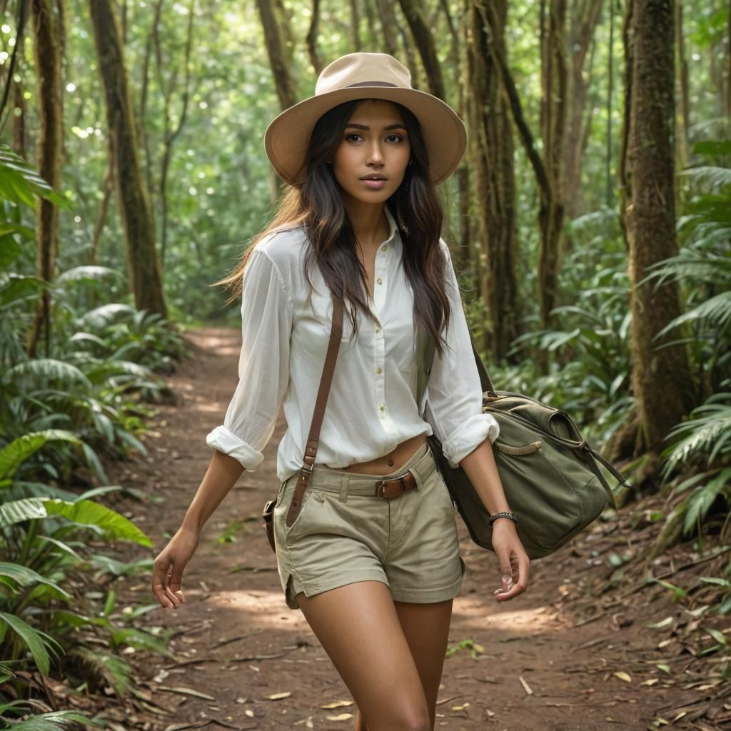 East Indian Girl Walking in Rainforest: Hyperrealistic Image