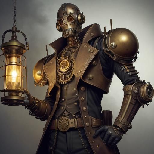 Steampunk Mechanical Digimon in Industrial Cityscape