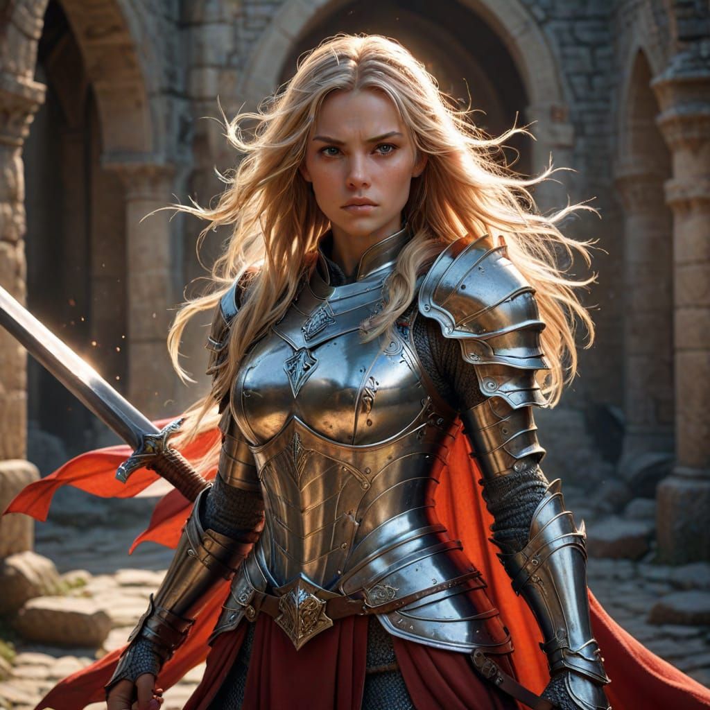 Epic Fantasy Warrior Woman in Shining Silver Armor