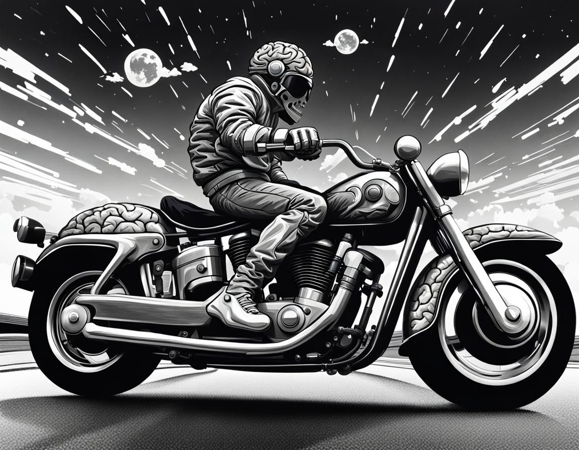 Brain on Motorcycle in Vaporwave Style