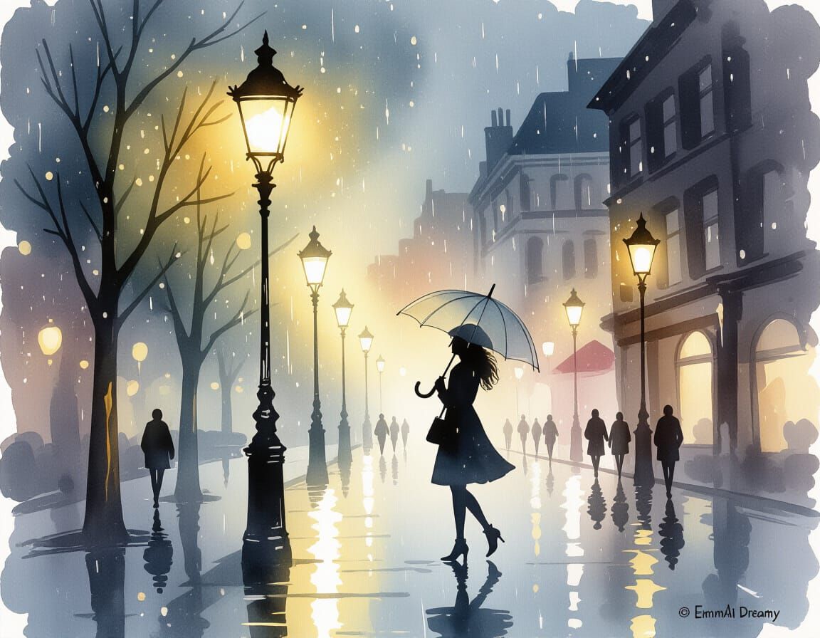 Ethereal Umbrella Dance Under Golden Streetlight