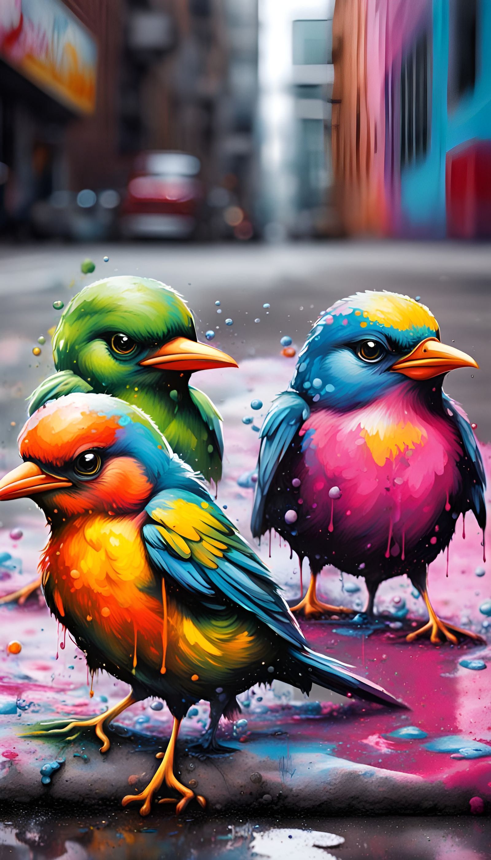 Colorful Graffiti Art of Three Birds on Sidewalk