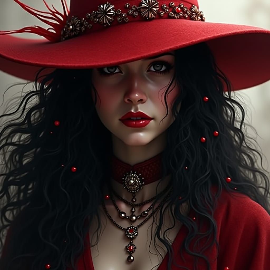 Steampunk Witch with Red Hat and Long Hair