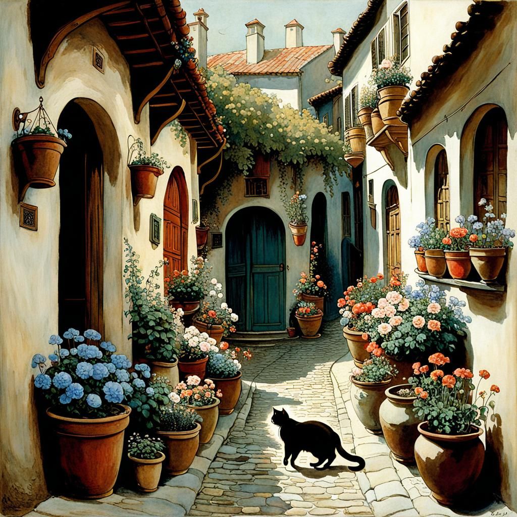 Mediterranean Alley with Flowers and Sleeping Cat