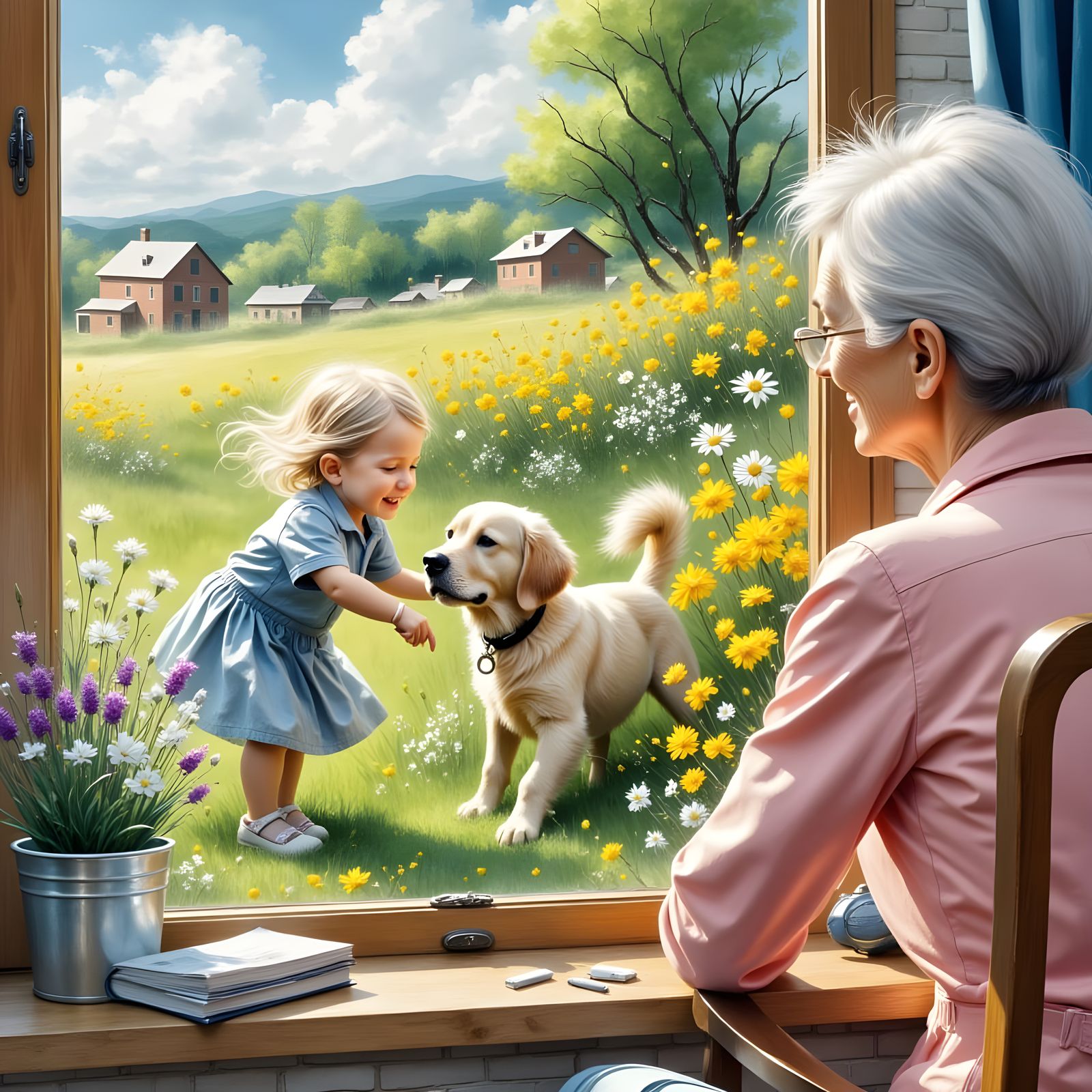 Elderly Woman Watching Girl with Puppy as Watercolor