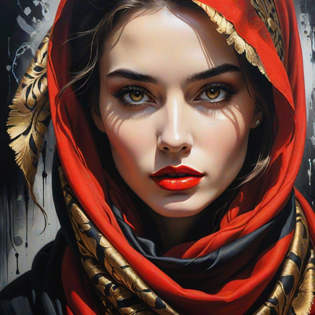 Striking Oil Painting Portrait of Woman with Red Scarf