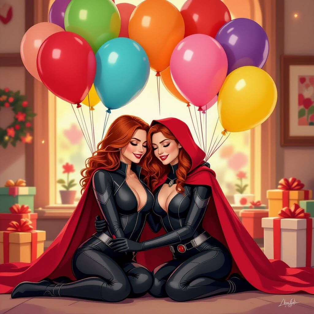 Black Widow and Scarlet Witch Celebrate with Balloons