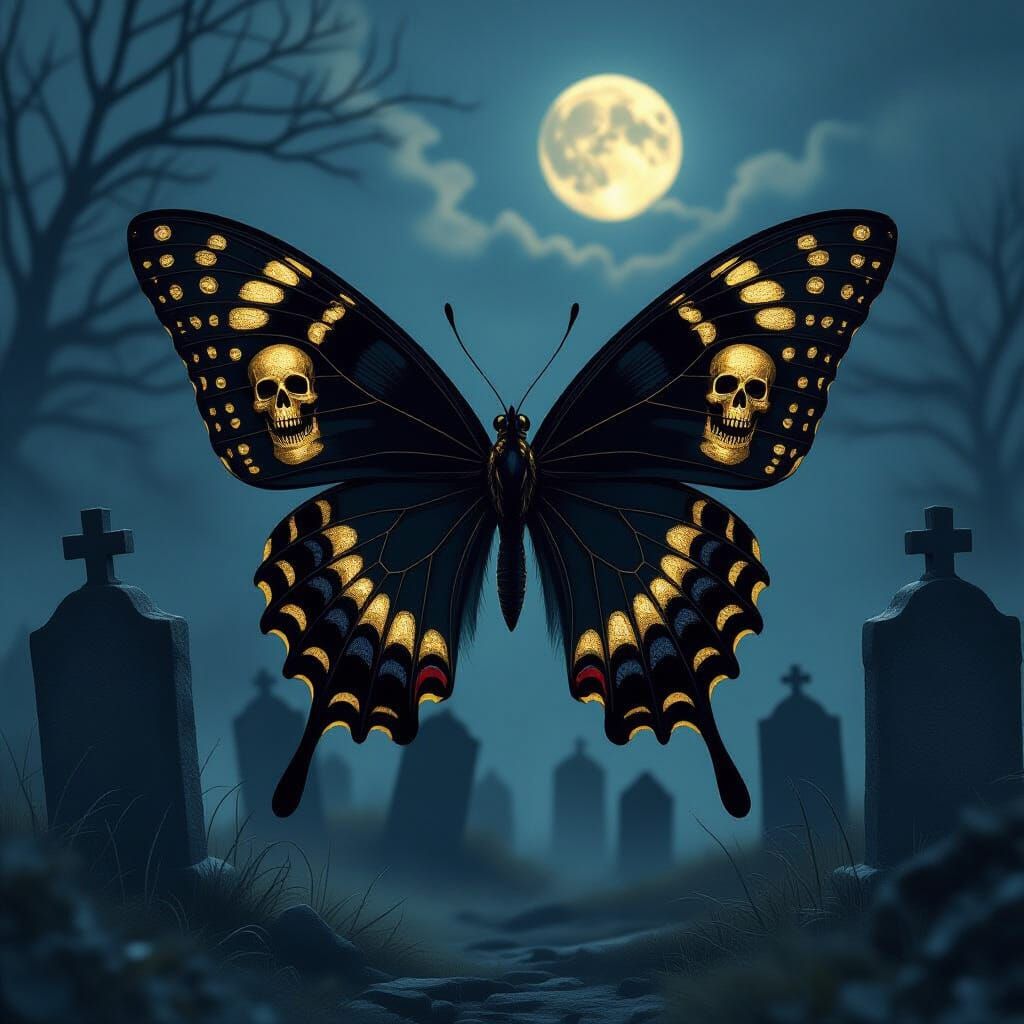 Surreal Butterfly with Golden Skull Wings