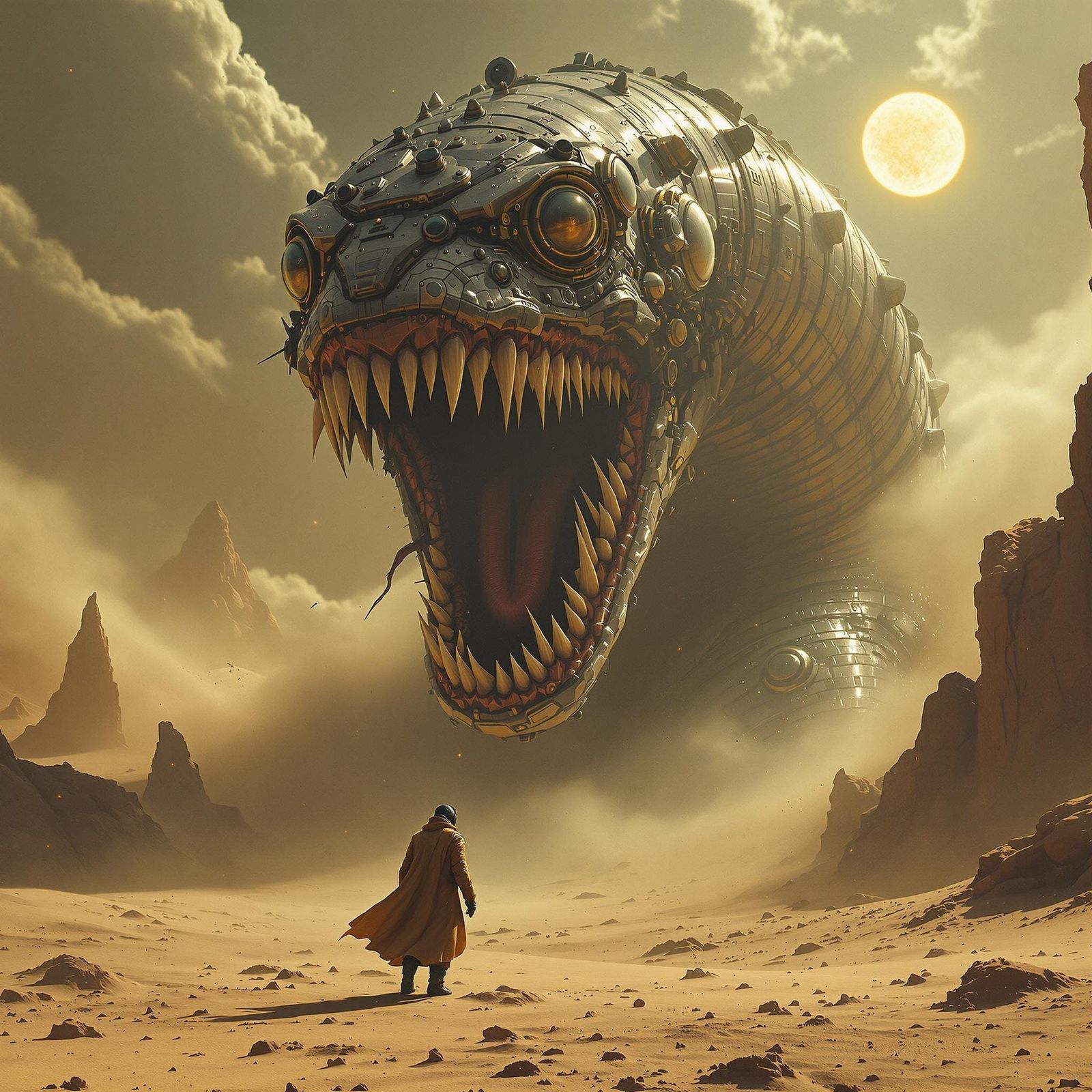 Steampunk Sandworm Emerges in Desolate Desert