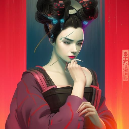 Cyberpunk Oiran Portrait in Neon Kyoto 2099