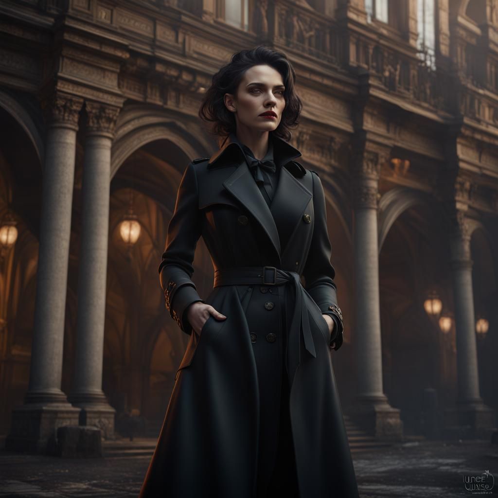 Gothic Woman in Black Trench Coat: Detailed Matte Painting