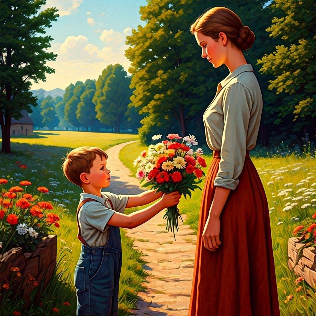 A Young Boy's Thoughtful Gift in Warm Realist Style