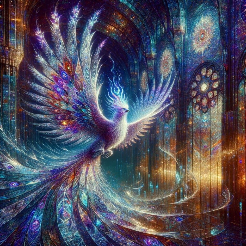 Stained Glass Phoenix Soaring Through Crystal Cathedral