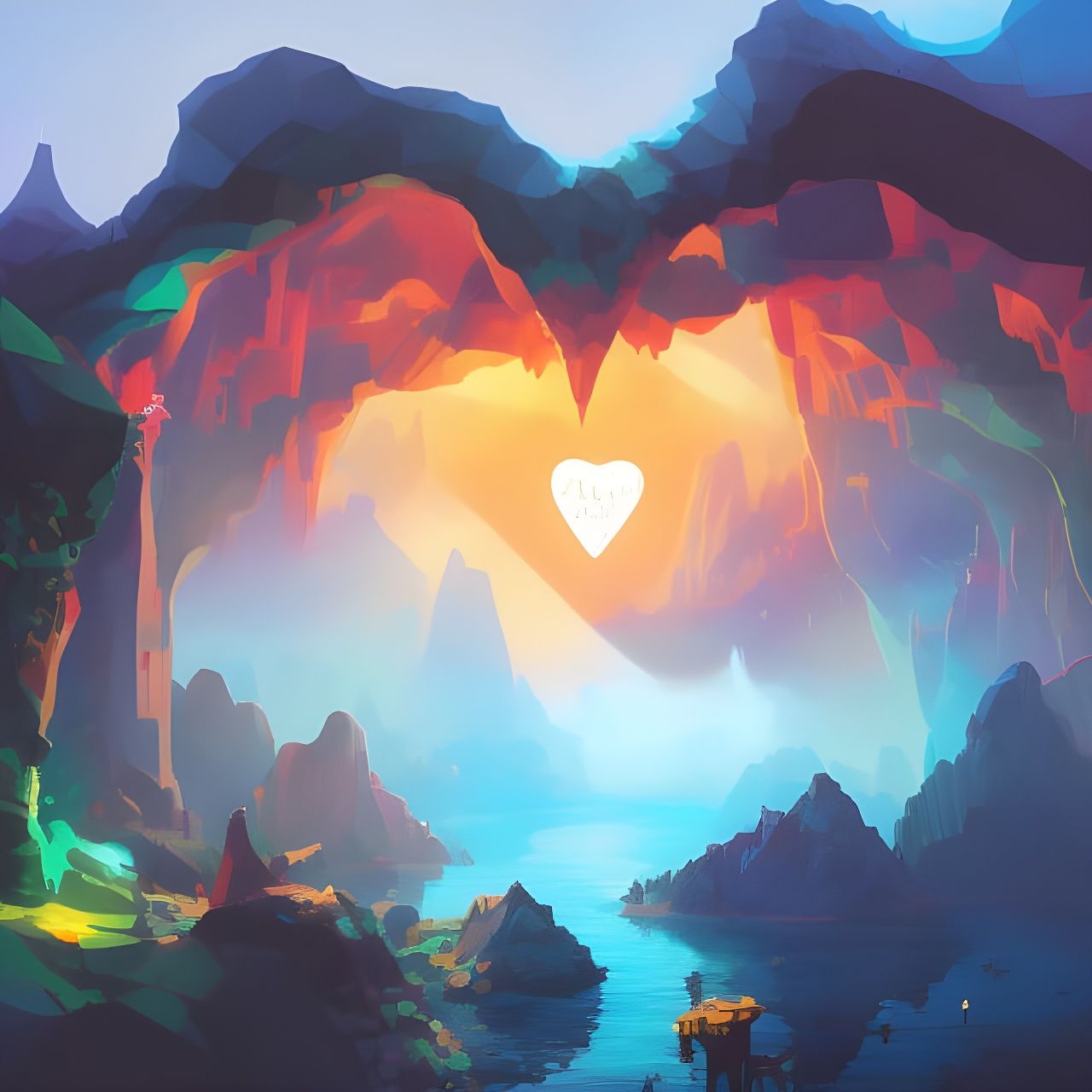 Heart-Shaped Cave with Waterfalls: Photoillustration