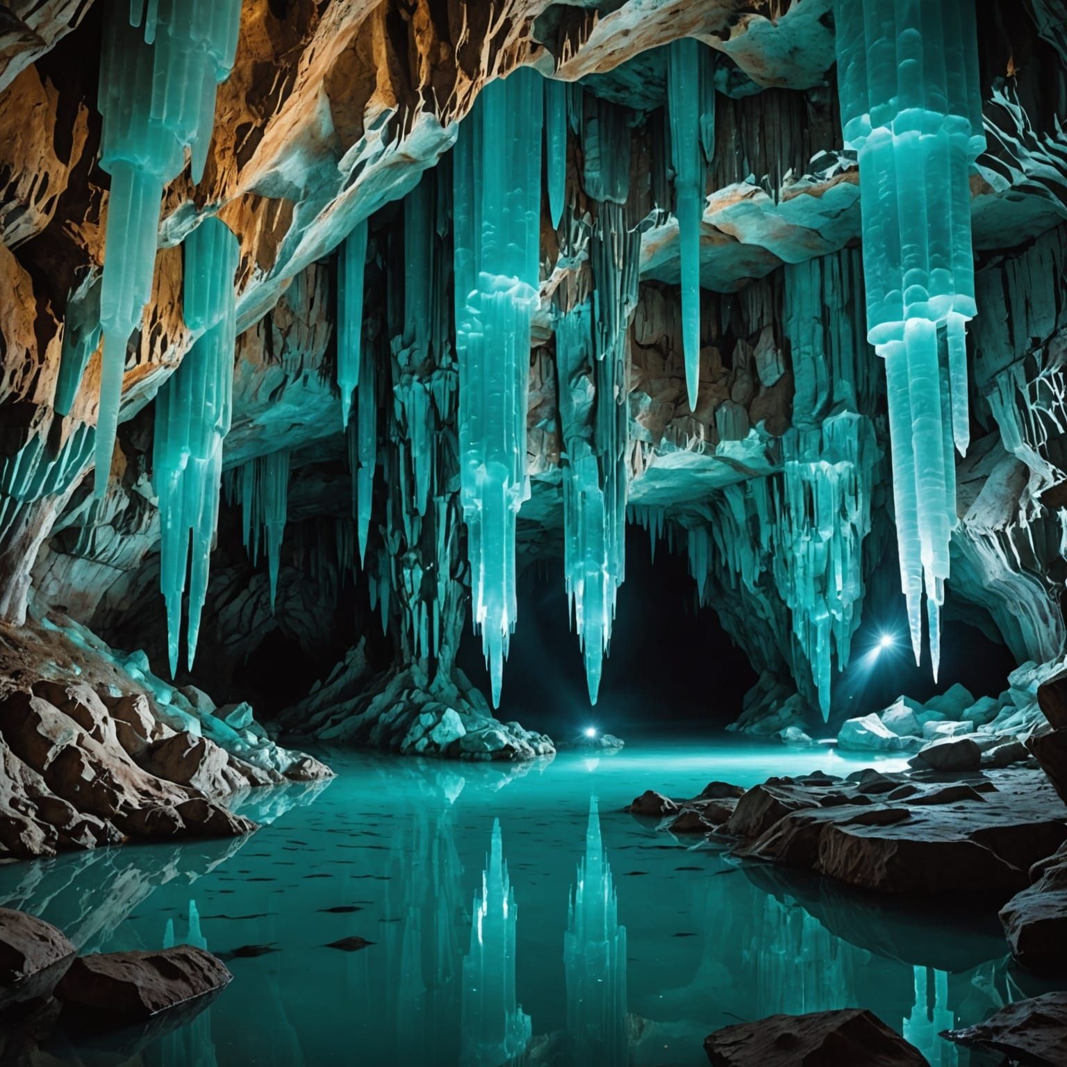 Ethereal Underground Cavern with Glowing Stalactites