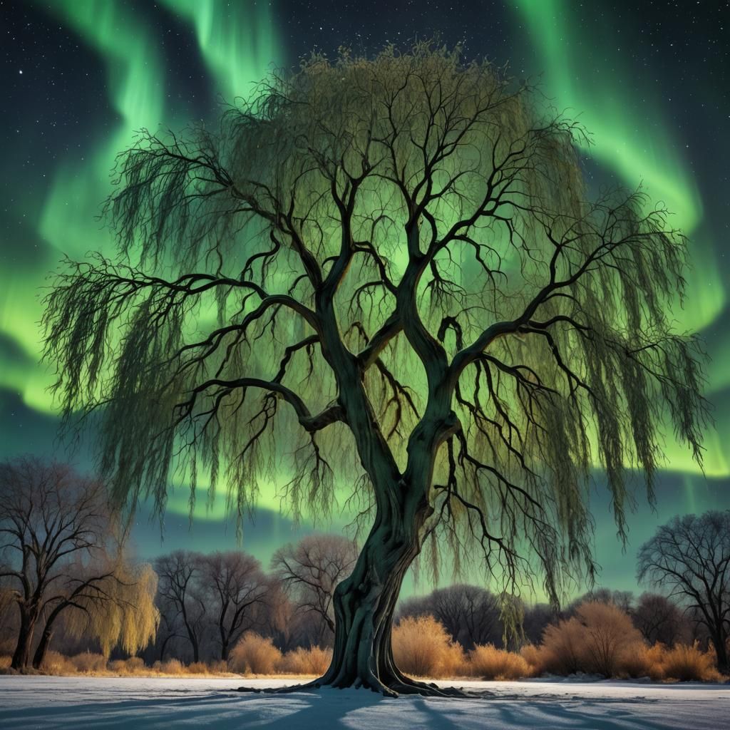 Aurora Borealis Weeping Willow Tree: Hyperrealistic Image