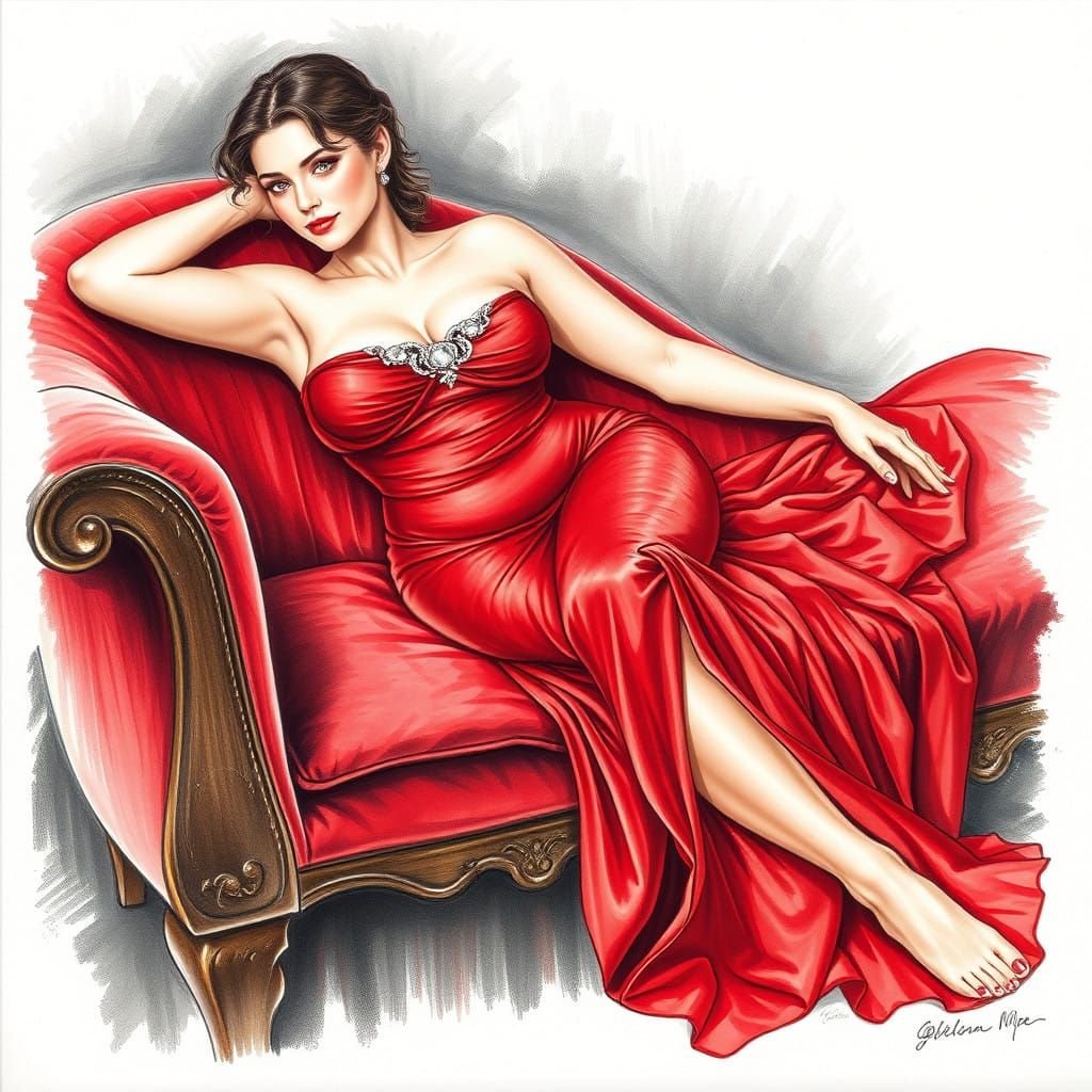 Elegant Woman Posed for an Artist in Crimson Silk Gown