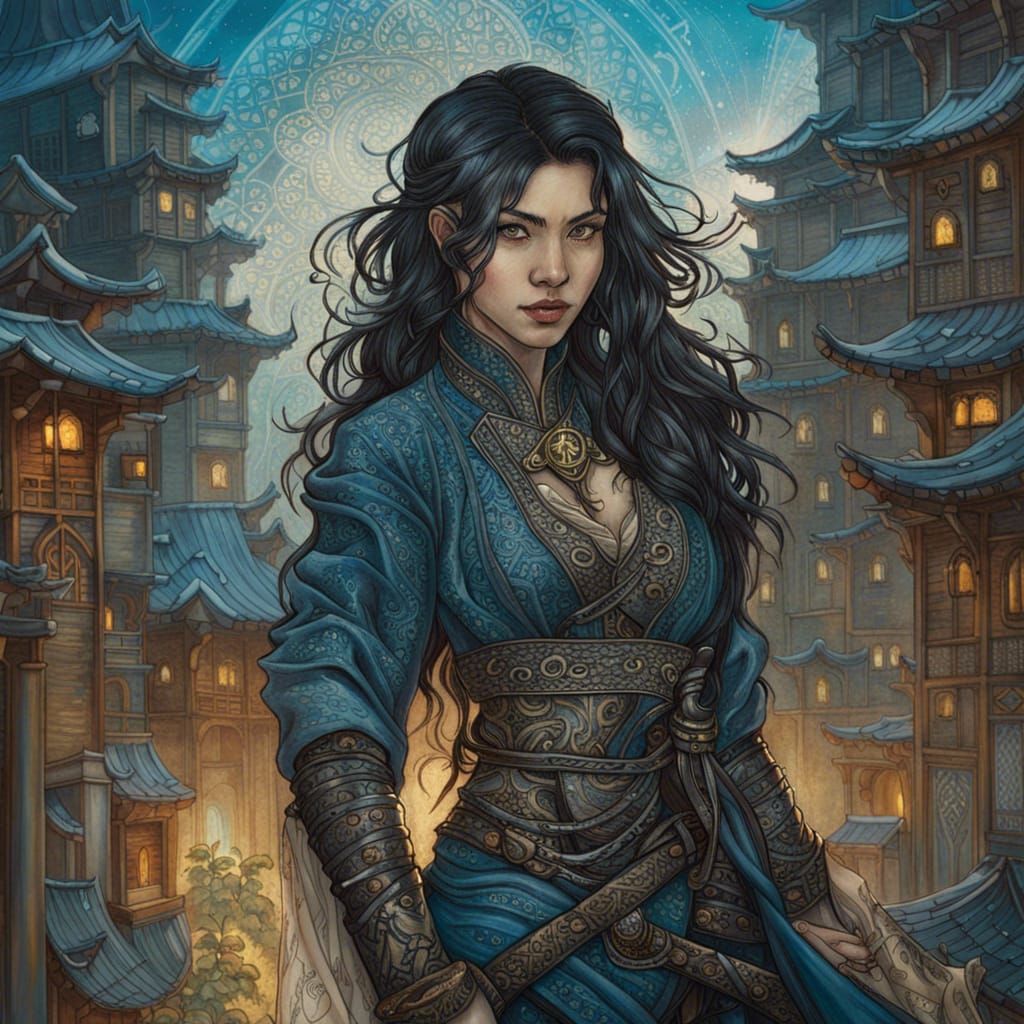 Ornate Portrait of Asian Female Rogue in Fantasy Style