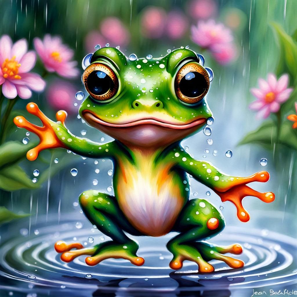 Happy Dancing Frog in Summer Rain, Watercolor Art
