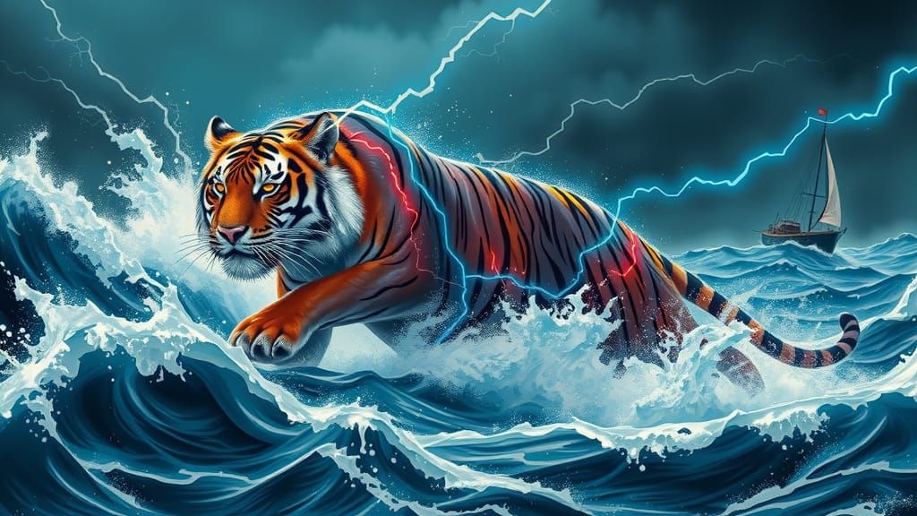 Tiger Emerges from Turbulent Ocean in a Stormy Night Sky