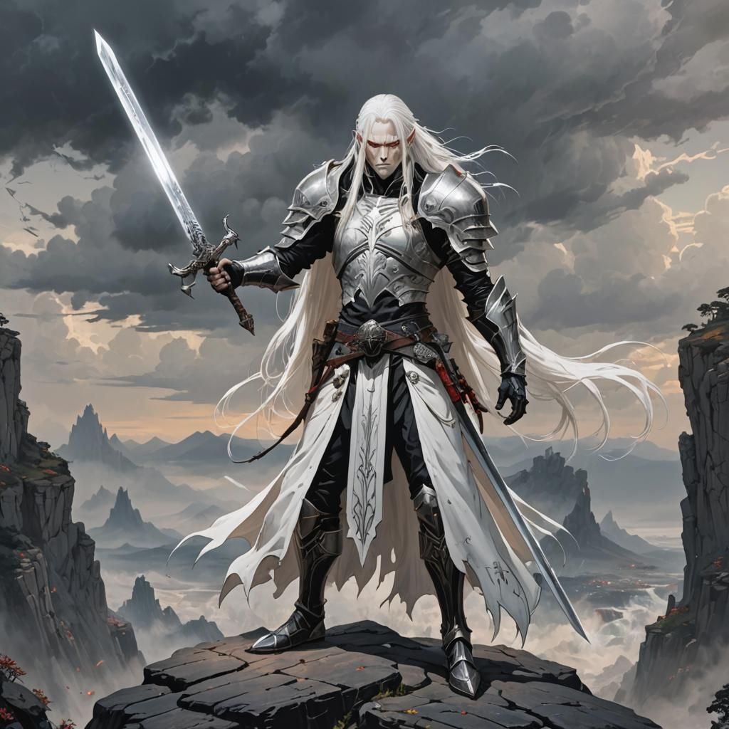 Albino Warrior with Magic Sword on Cliff