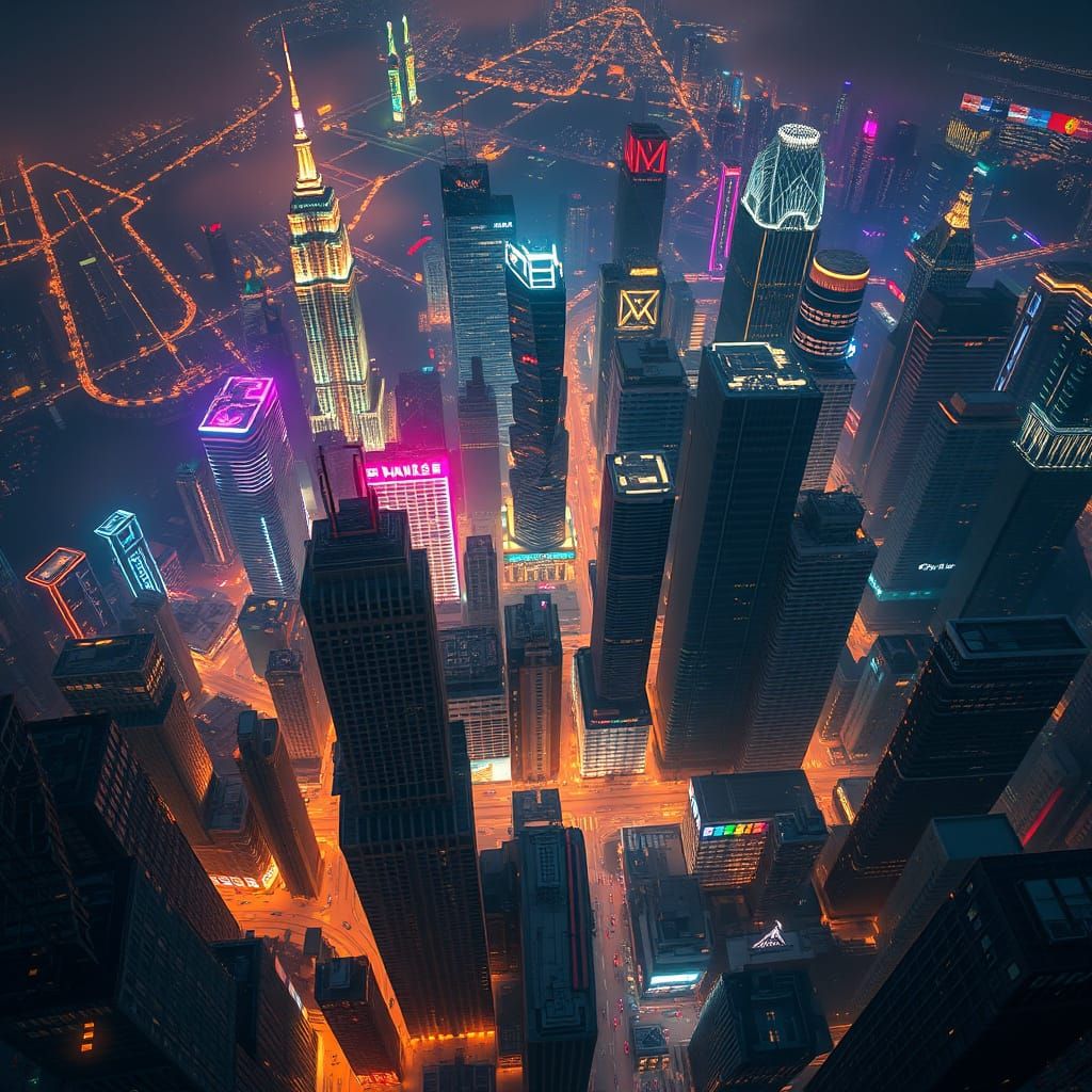 Cityscape Bird's-Eye View with Neon Lights