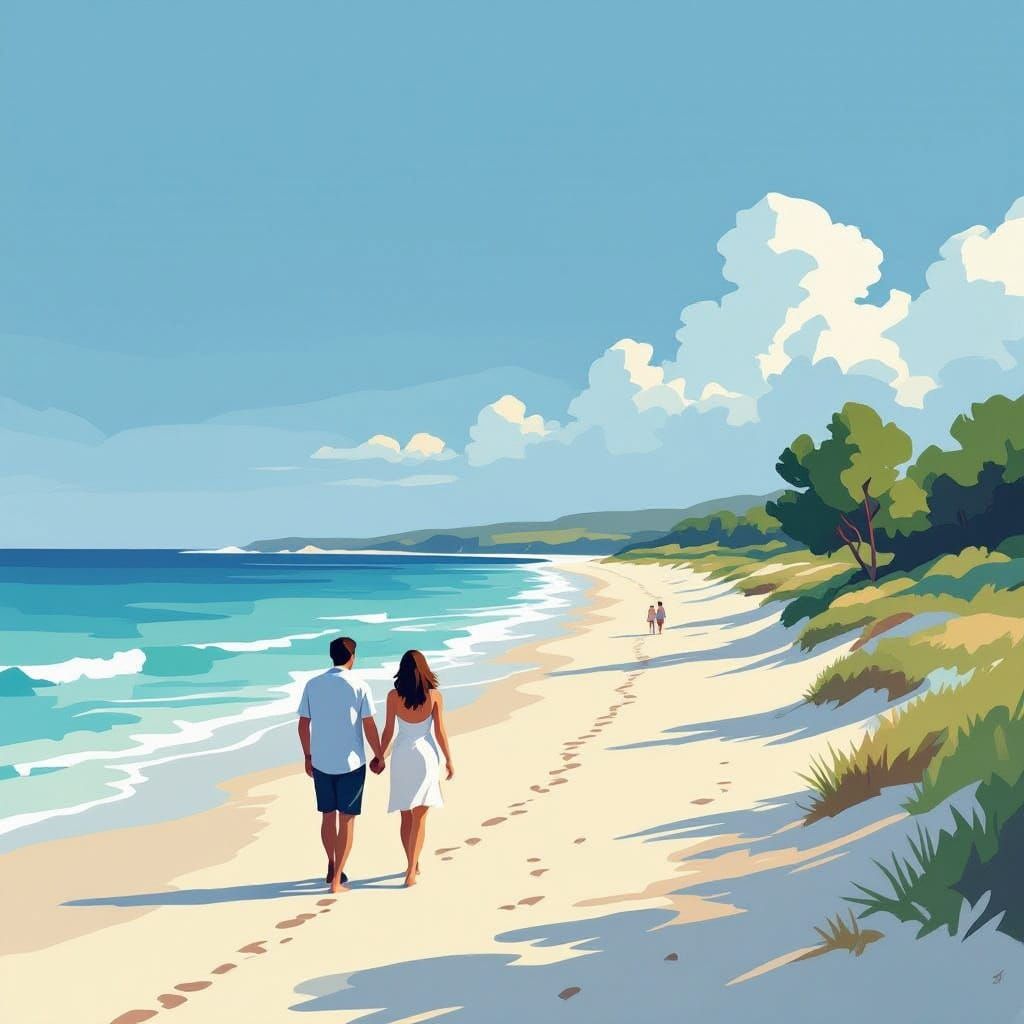 Couple Walks Beach at Sunset, Stylised Acrylic Painting