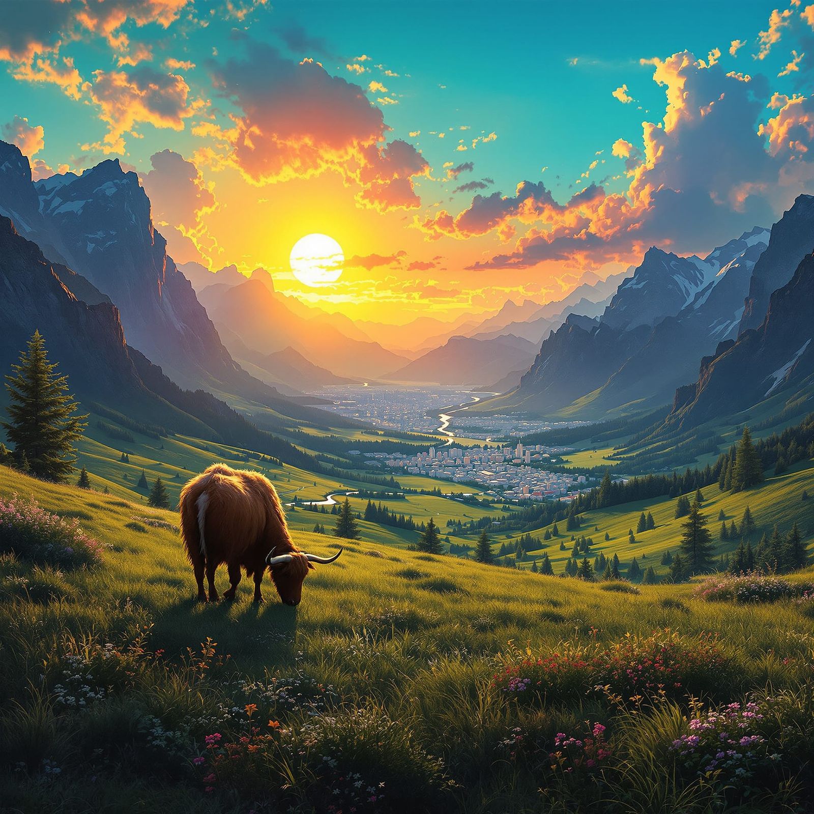 Majestic Yak Grazes in Valley Under Turquoise Sunset