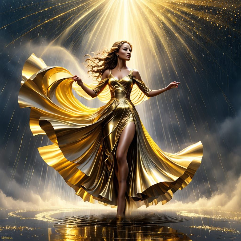Golden Goddess Dancing in the Rainy Sunset
