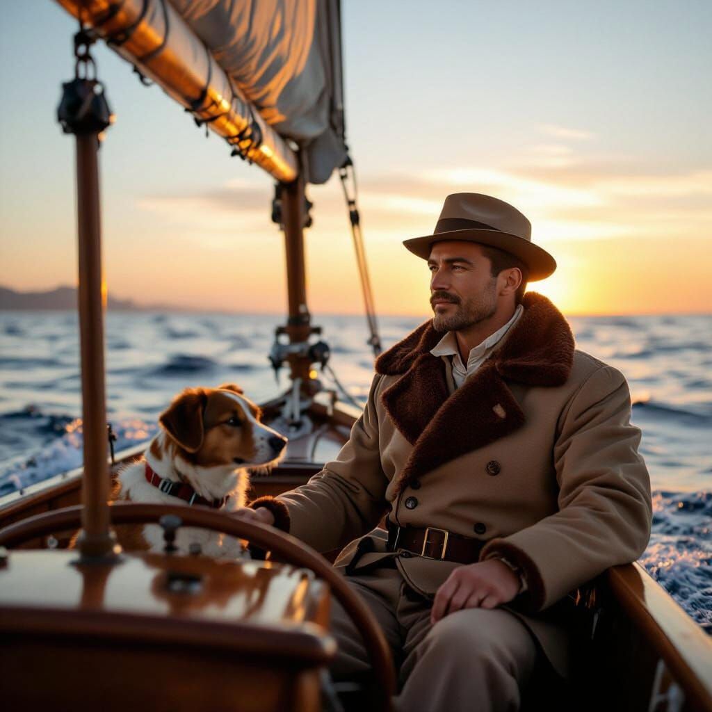 Vintage Sailor Rudolph Valentino and Dog at Sunrise