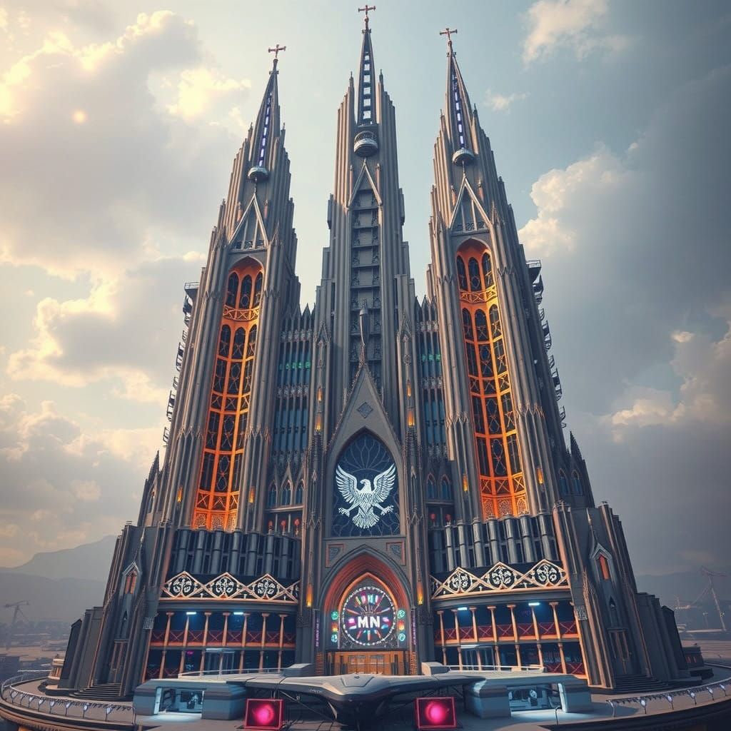 Gothic Cathedral Megastructure in Cyberpunk Futuristic Style