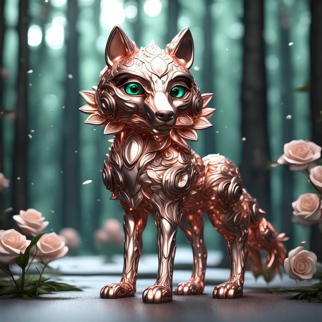 Rose Gold Metal Flower Wolf in Floral Rain